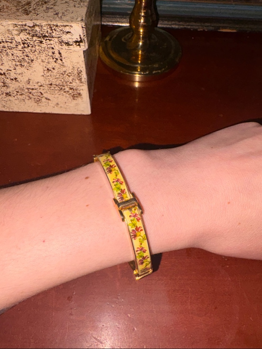 Gold-Tone Yellow Floral Enamel Bangle Bracelet